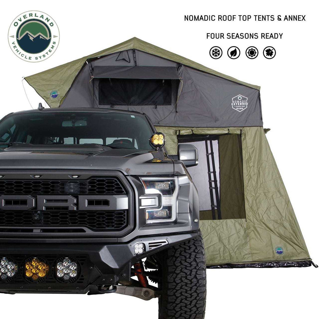 OVERLAND VEHICLE SYSTEMS | Nomadic 3 Roof Top Tent Annex Green Base With Black Floor & Travel Cover (18539936)