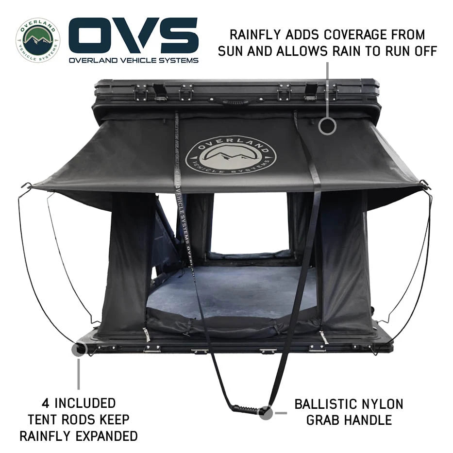 OVERLAND VEHICLE SYSTEMS | K2 Dual Action Clam Shell 2 Person Aluminum Hard Shell Roof Top Tent - Blue Body & Black Rainfly (18689902)