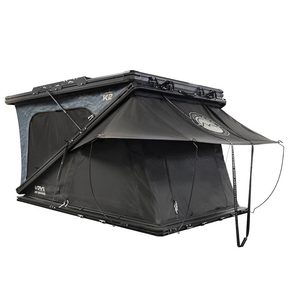 OVERLAND VEHICLE SYSTEMS | K2 Dual Action Clam Shell 2 Person Aluminum Hard Shell Roof Top Tent - Blue Body & Black Rainfly (18689902)