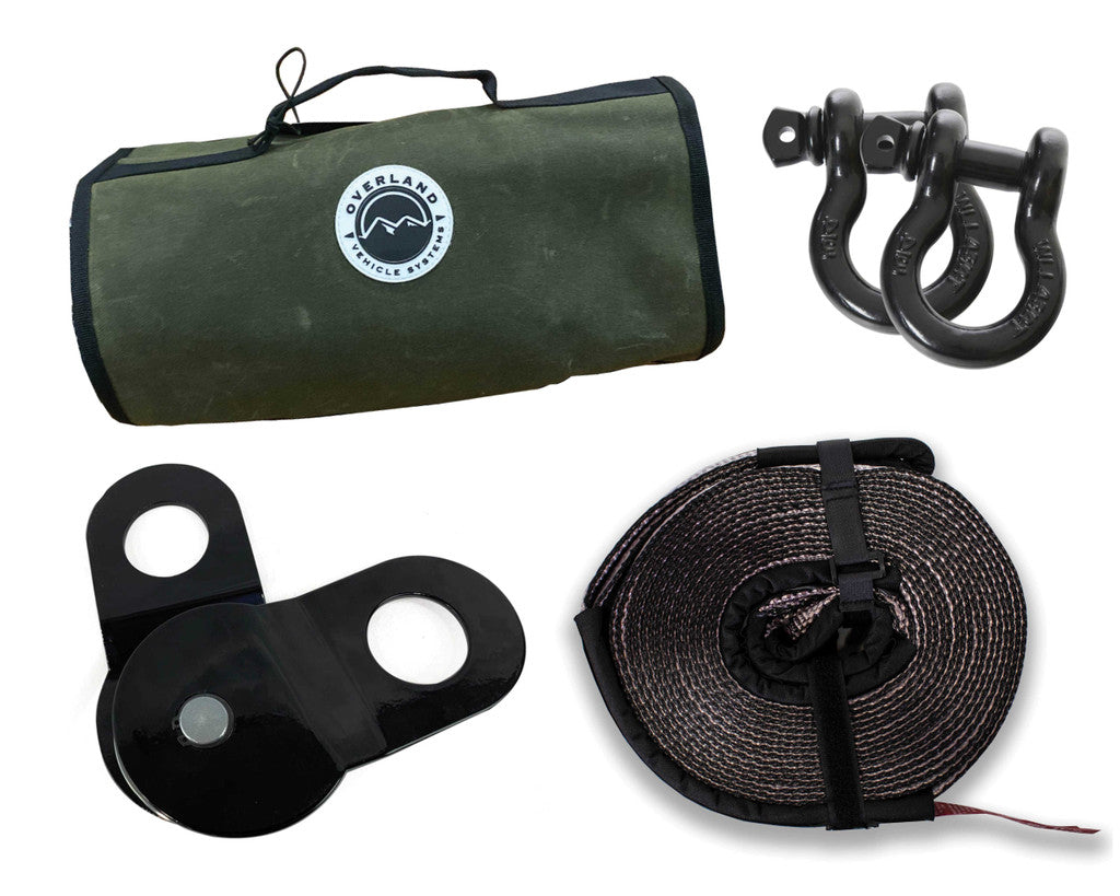 OVERLAND VEHICLE SYSTEMS | Recovery Wrap Kit Including 20" Tow Strap, Pair of Black D-Rings, Snatch Block & Canvas Bag (33-0501)