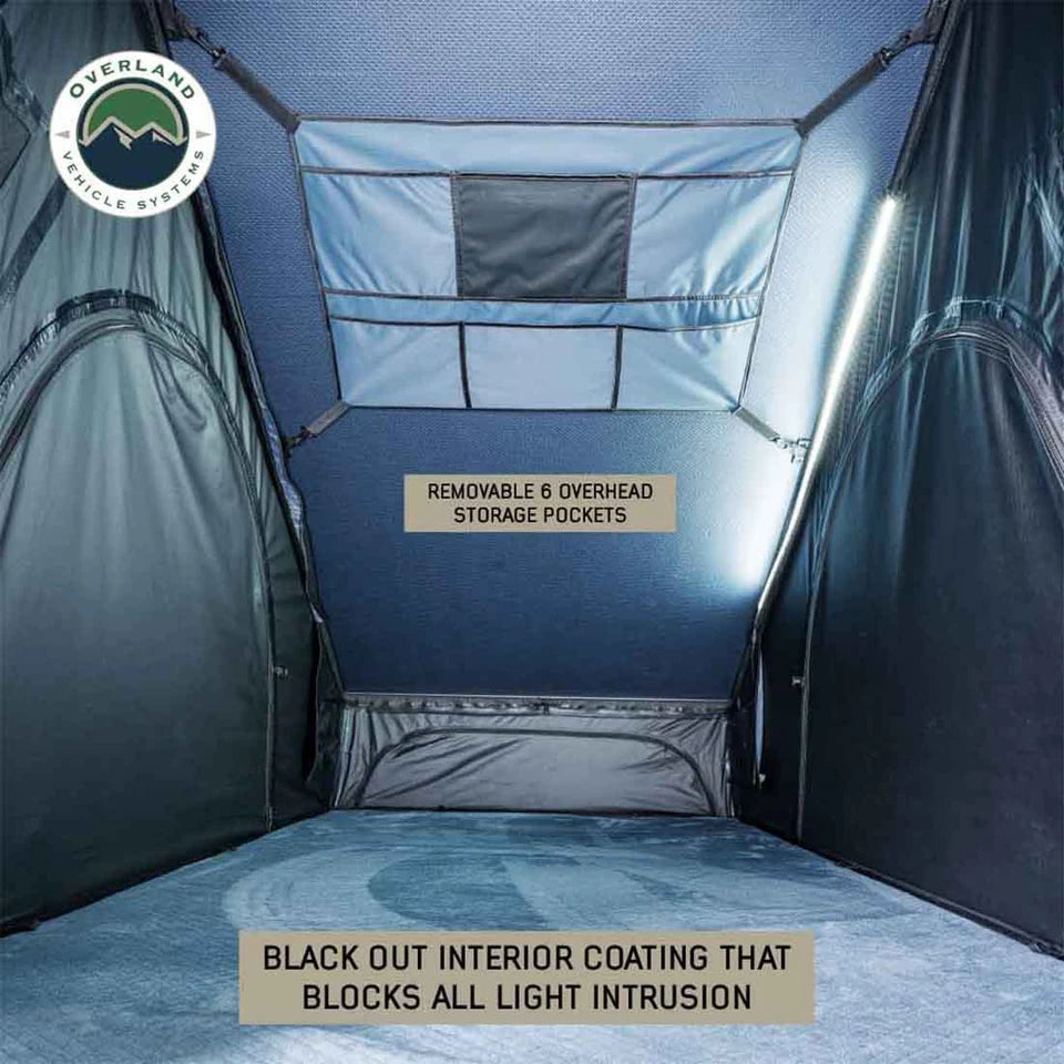 OVERLAND VEHICLE SYSTEMS | XD Lhotse 2 Person Clam Shell Aluminum Hard Shell Roof Top Tent - Blue Body & Black Rainfly (18589902)