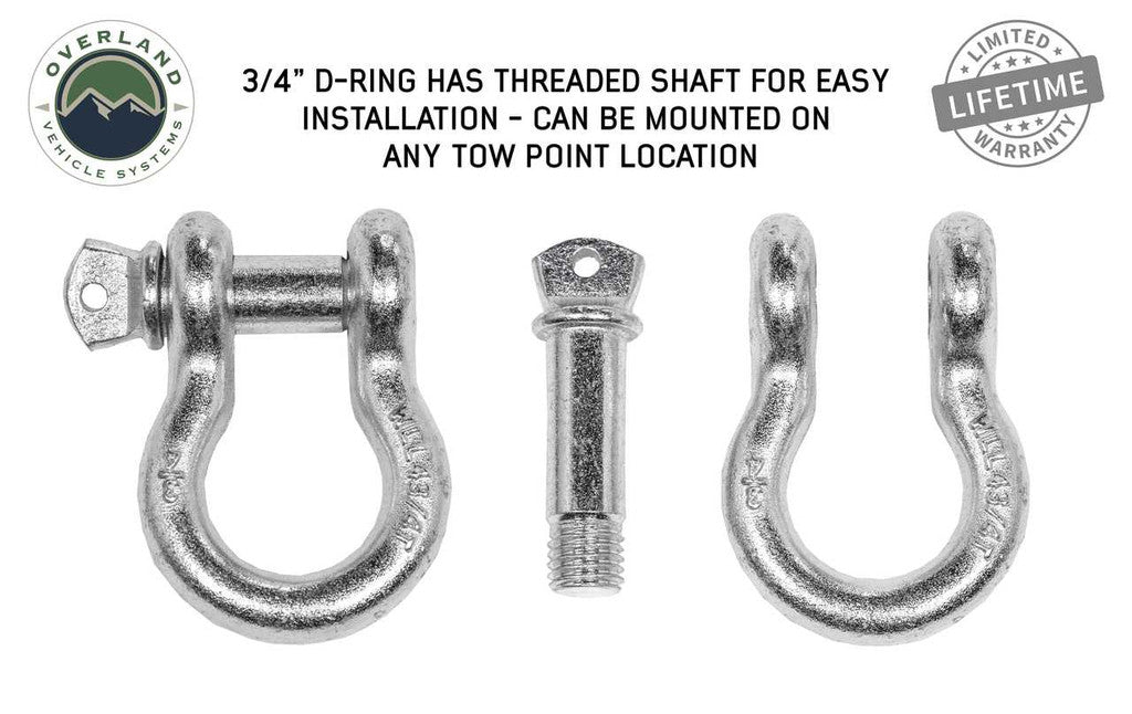 OVERLAND VEHICLE SYSTEMS | Recovery Shackle D-Ring 3/4" 4.75 Ton Zinc - Sold In Pairs (19010205)