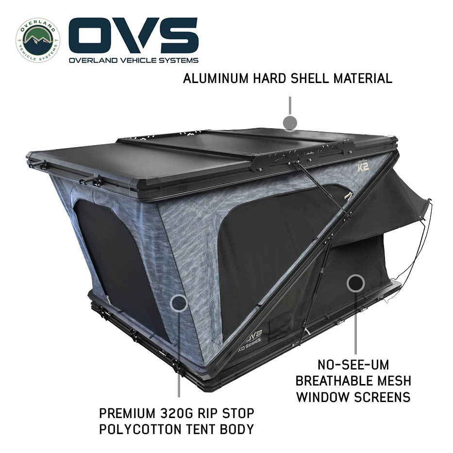 OVERLAND VEHICLE SYSTEMS | K2 Dual Action Clam Shell 2 Person Aluminum Hard Shell Roof Top Tent - Blue Body & Black Rainfly (18689902)