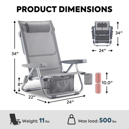 ICECO | Bora 5-Position Reclining Folding Beach Chair with Headrest for Adults