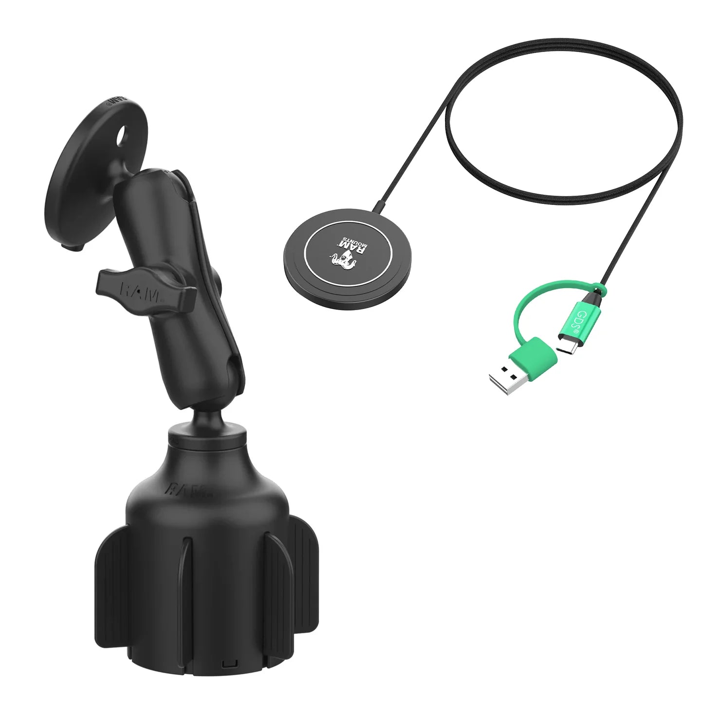 RAM MOUNTS | RAM Stubby Cup Holder Mount with RAM Qi2 15W Wireless Charger