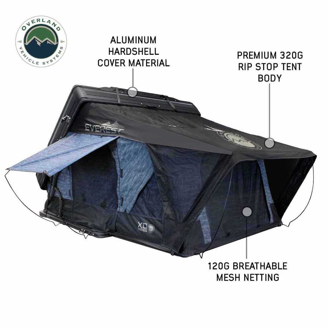 OVERLAND VEHICLE SYSTEMS | XD Everest Cantilever Aluminum Hard Shell Roof Top Tent (Sleeps 4) - Blue Body & Black Rainfly (18489904)