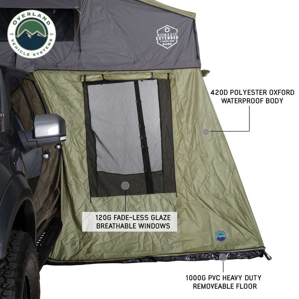 OVERLAND VEHICLE SYSTEMS | Nomadic 3 Roof Top Tent Annex Green Base With Black Floor & Travel Cover (18539936)