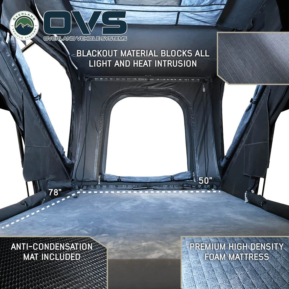 OVERLAND VEHICLE SYSTEMS | K2 Dual Action Clam Shell 2 Person Aluminum Hard Shell Roof Top Tent - Blue Body & Black Rainfly (18689902)