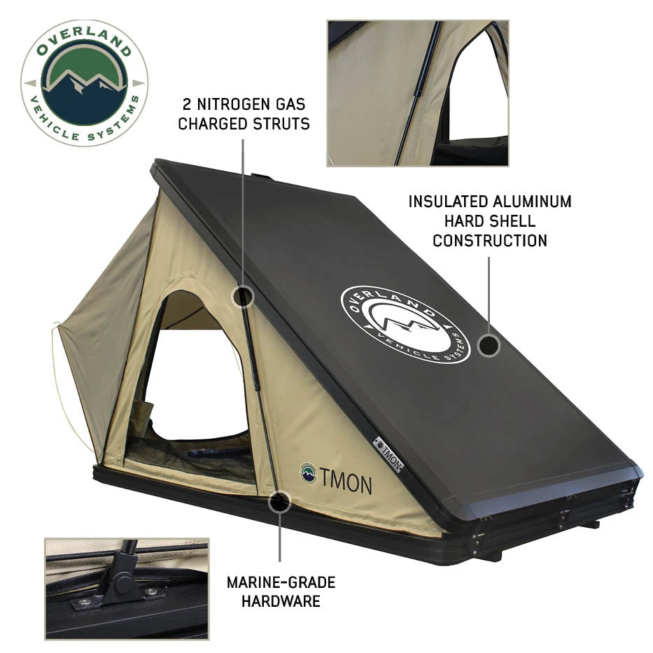 OVERLAND VEHICLE SYSTEMS | LD TMON 2 Person Clamshell Aluminum Hard Shell Roof Top Tent - Tan Body & Green Rainfly (18119935)