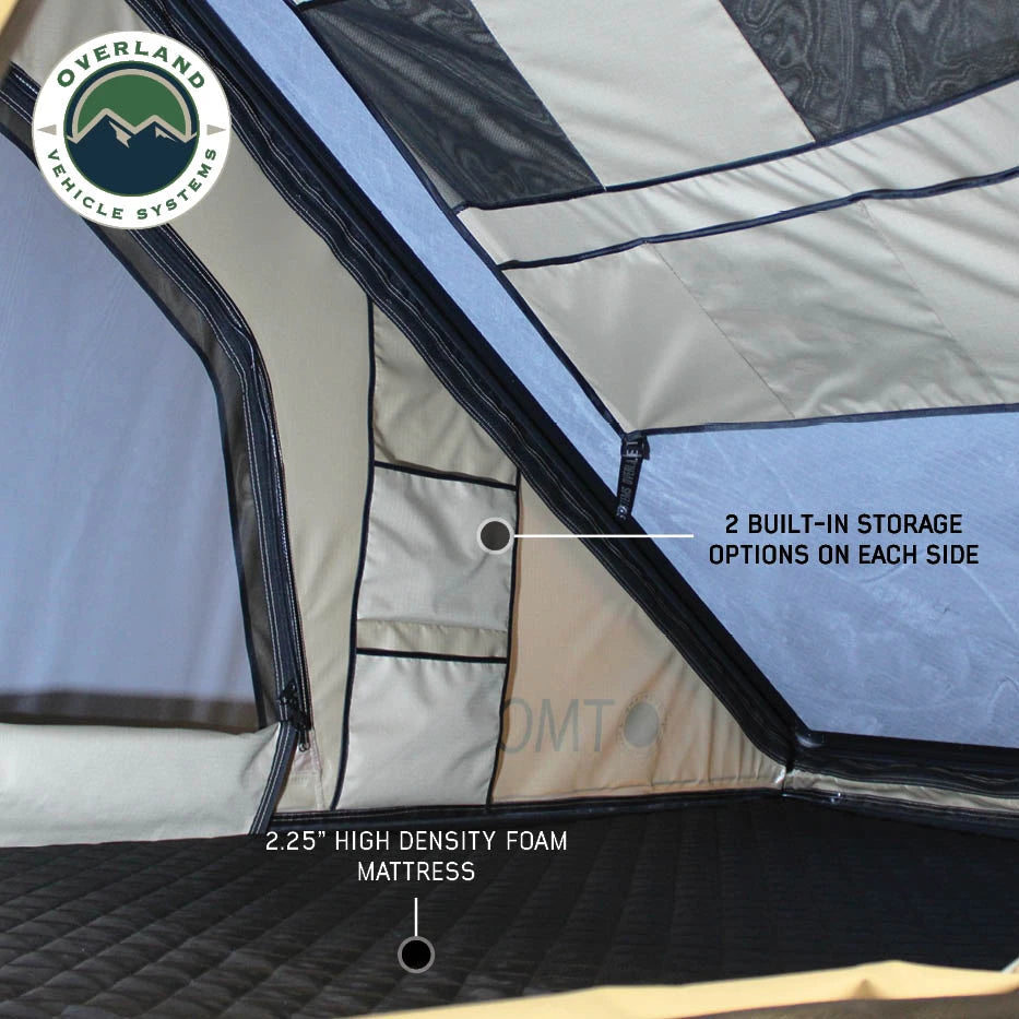 OVERLAND VEHICLE SYSTEMS | LD TMON 2 Person Clamshell Aluminum Hard Shell Roof Top Tent - Tan Body & Green Rainfly (18119935)