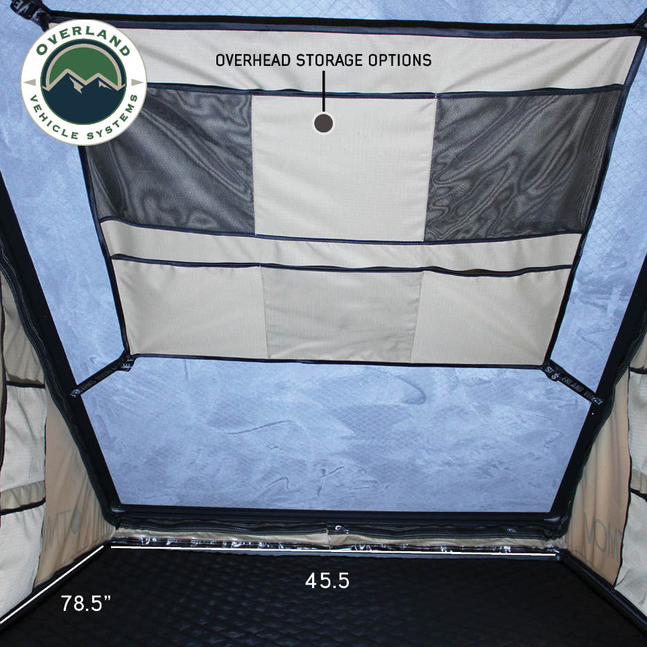 OVERLAND VEHICLE SYSTEMS | LD TMON 2 Person Clamshell Aluminum Hard Shell Roof Top Tent - Tan Body & Green Rainfly (18119935)
