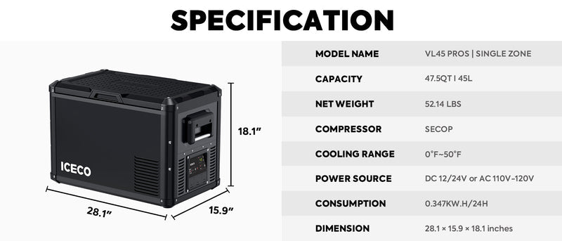 ICECO | 47.5QT VL45 Portable Fridge Single Zone Freezer