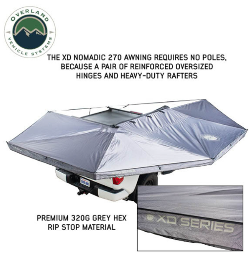 OVERLAND VEHICLE SYSTEMS | XD Nomadic 270 Awning W/Lights & Black Out Grey Hex Black Trim & Black Travel Cover
