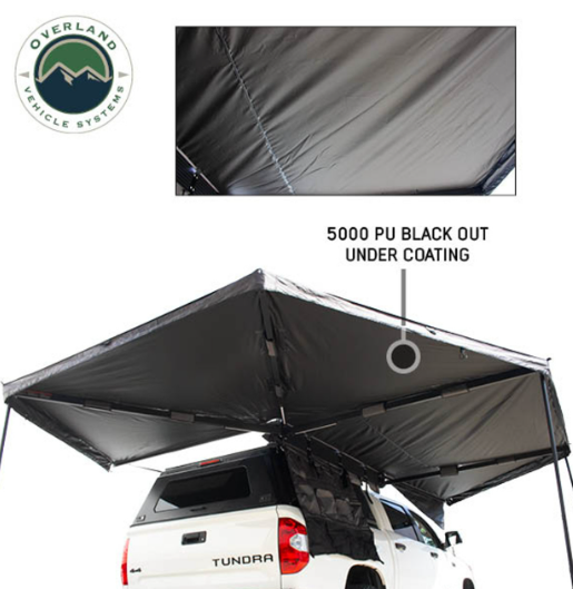OVERLAND VEHICLE SYSTEMS | XD Nomadic 270 Awning W/Lights & Black Out Grey Hex Black Trim & Black Travel Cover