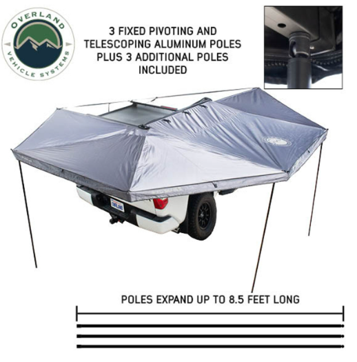 OVERLAND VEHICLE SYSTEMS | XD Nomadic 270 Awning W/Lights & Black Out Grey Hex Black Trim & Black Travel Cover
