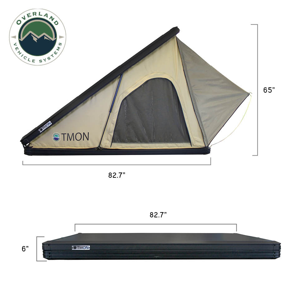 OVERLAND VEHICLE SYSTEMS | LD TMON 2 Person Clamshell Aluminum Hard Shell Roof Top Tent - Tan Body & Green Rainfly (18119935)