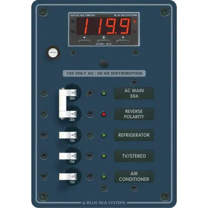 BLUE SEA SYSTEMS | Circuit Breaker Panel With Digital Multimeter 120V AC Main + 3 Position (134860)