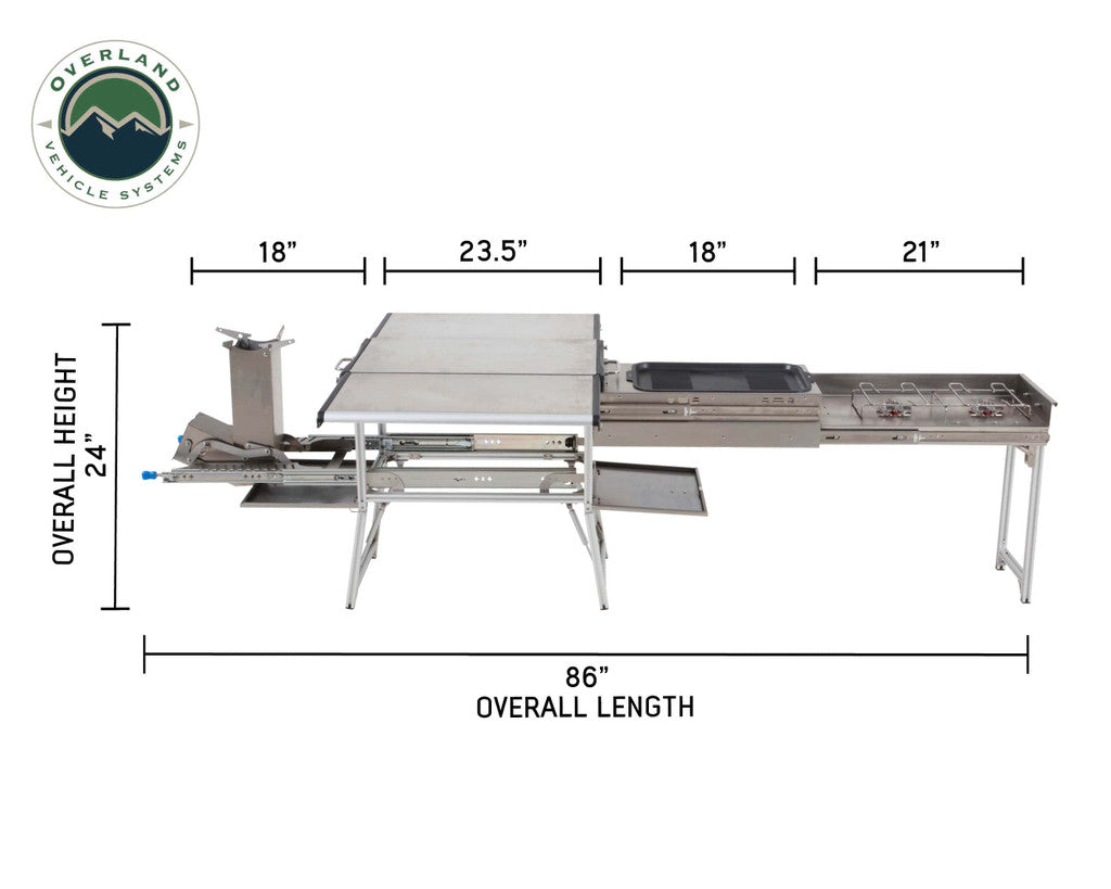 OVERLAND VEHICLE SYSTEMS | Komodo Camp Kitchen - Dual Grill, Skillet, Folding Shelves & Rocket Tower Stainless Steel (30100001)