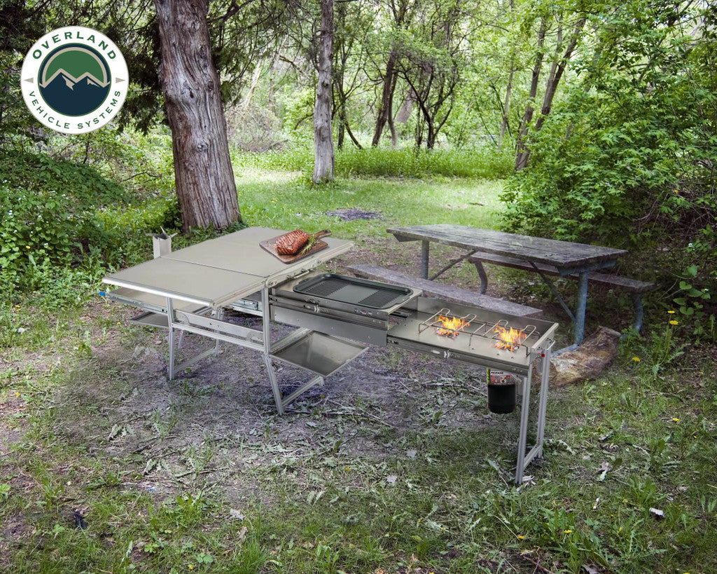 OVERLAND VEHICLE SYSTEMS | Komodo Camp Kitchen - Dual Grill, Skillet, Folding Shelves & Rocket Tower Stainless Steel (30100001)