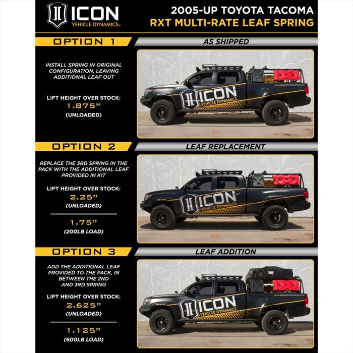 ICON VEHICLE DYNAMICS | Tacoma 3rd & 2nd Gen 2005-2023 Multi Rate RXT Leaf Spring Pack w/Add In Leaf 1.785" Stock Weight (158505)