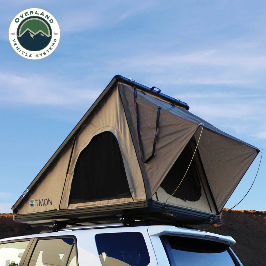 OVERLAND VEHICLE SYSTEMS | LD TMON 2 Person Clamshell Aluminum Hard Shell Roof Top Tent - Tan Body & Green Rainfly (18119935)