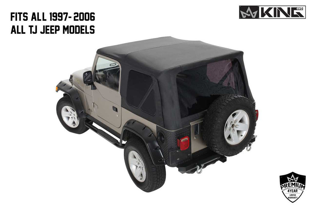 KING 4WD | Jeep Wrangler TJ 1997-2006 Premium Replacement Soft Top Without Upper Doors, Black Diamond With Tinted Windows (14010235)