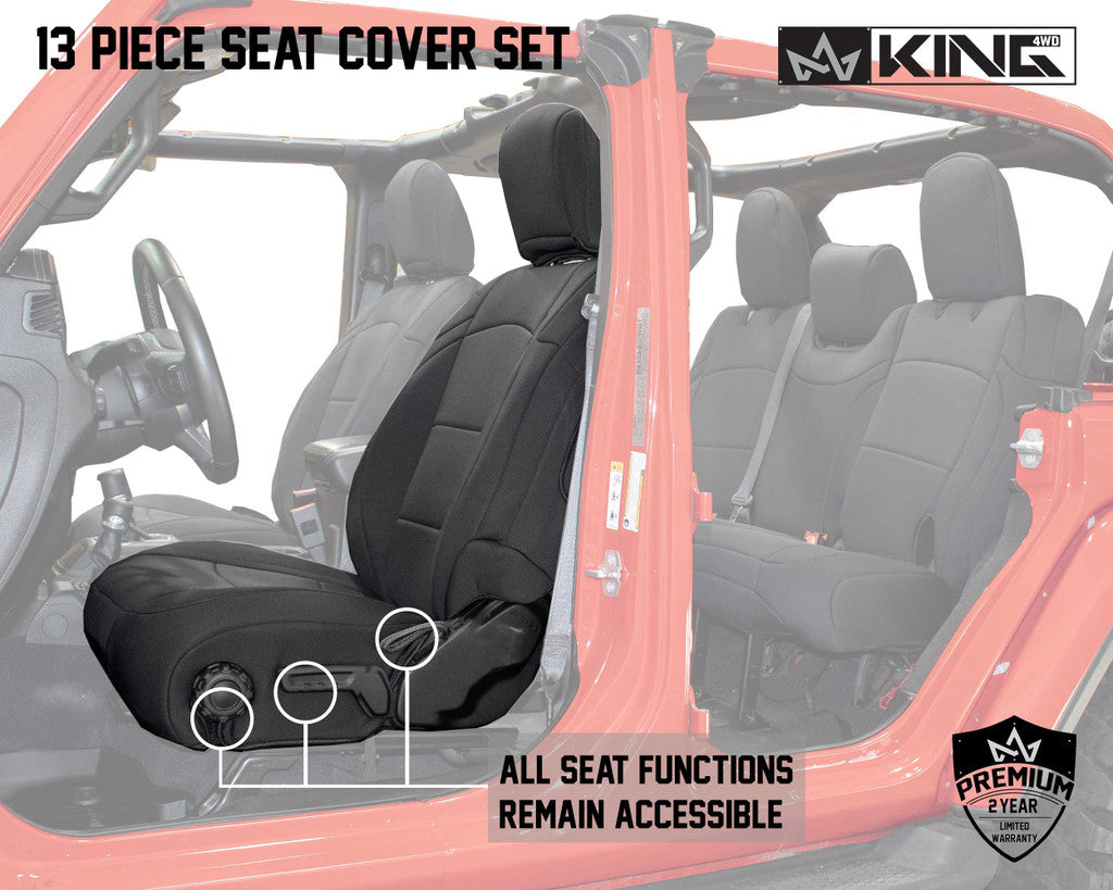 KING 4WD | Neoprene Seat Covers, Black/Black - JL 4 Door Jeep Wrangler Unlimited (2018-2019) (SKU:11010801)