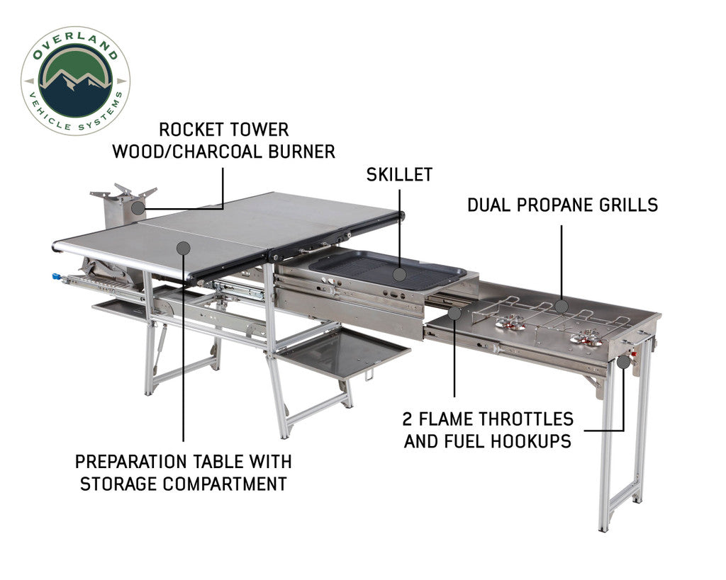 OVERLAND VEHICLE SYSTEMS | Komodo Camp Kitchen - Dual Grill, Skillet, Folding Shelves & Rocket Tower Stainless Steel (30100001)