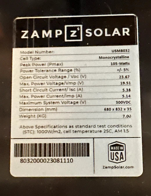 ZAMP SOLAR | Winnebago Revel 105 Watt Solar Panel Landscape B-Stock (USM8032)