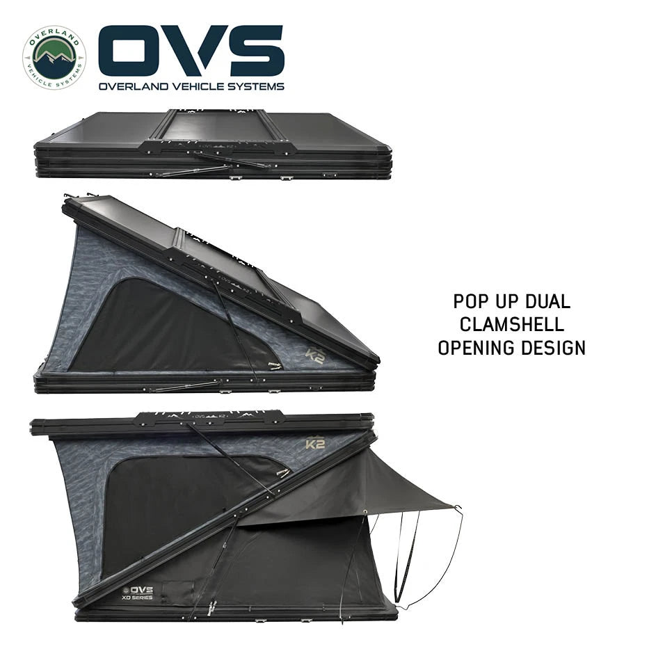 OVERLAND VEHICLE SYSTEMS | K2 Dual Action Clam Shell 2 Person Aluminum Hard Shell Roof Top Tent - Blue Body & Black Rainfly (18689902)