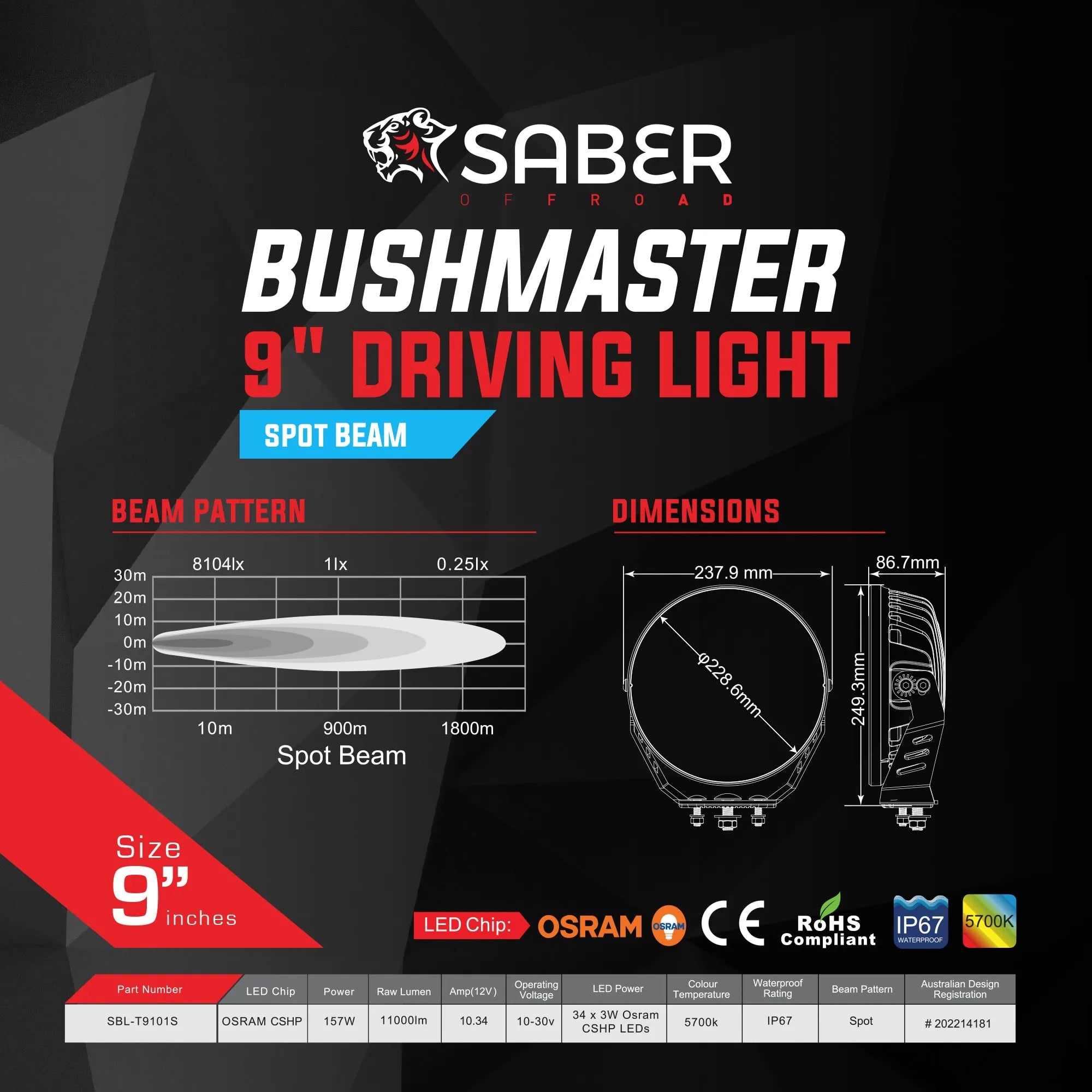 SABER OFFROAD | 9″ Driving Light Spot Beam (SBL-T9101S)