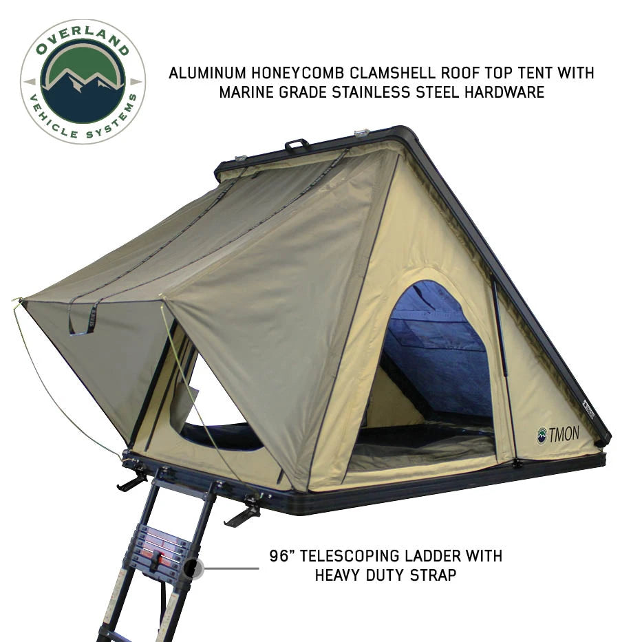 OVERLAND VEHICLE SYSTEMS | LD TMON 2 Person Clamshell Aluminum Hard Shell Roof Top Tent - Tan Body & Green Rainfly (18119935)