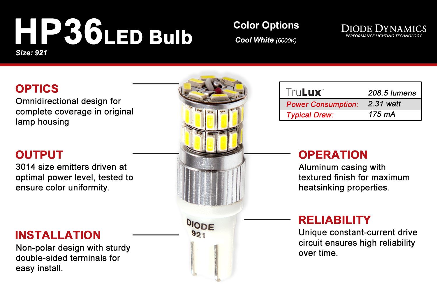 DIODE DYNAMICS | 921 HP36 Cool White Backup LED Bulbs