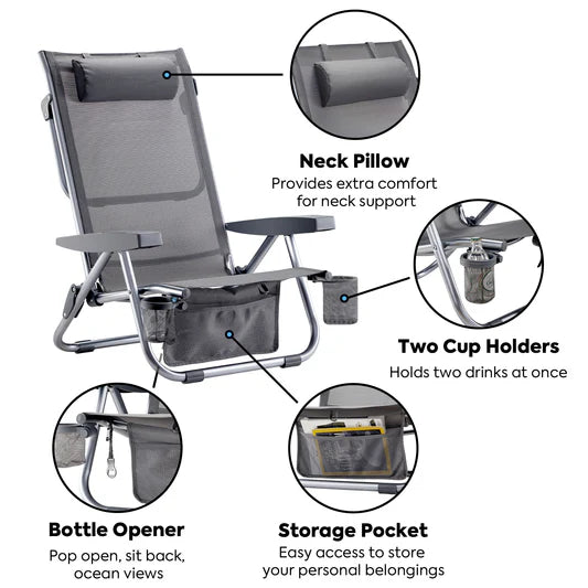ICECO | Bora 5-Position Reclining Folding Beach Chair with Headrest for Adults