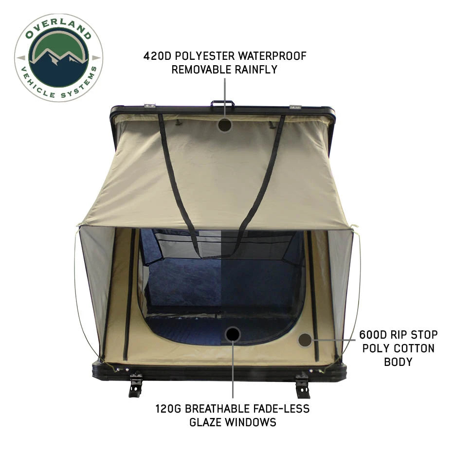 OVERLAND VEHICLE SYSTEMS | LD TMON 2 Person Clamshell Aluminum Hard Shell Roof Top Tent - Tan Body & Green Rainfly (18119935)