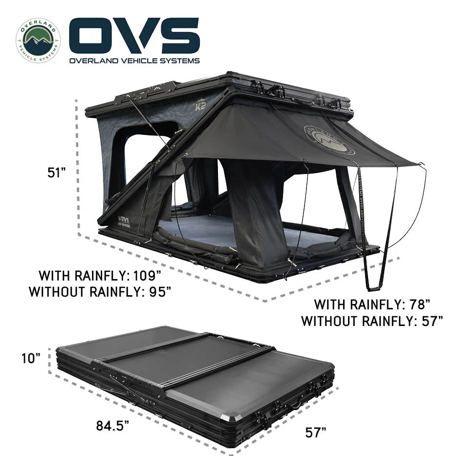 OVERLAND VEHICLE SYSTEMS | K2 Dual Action Clam Shell 2 Person Aluminum Hard Shell Roof Top Tent - Blue Body & Black Rainfly (18689902)