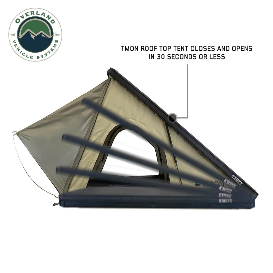 OVERLAND VEHICLE SYSTEMS | LD TMON 2 Person Clamshell Aluminum Hard Shell Roof Top Tent - Tan Body & Green Rainfly (18119935)