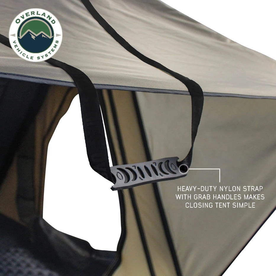 OVERLAND VEHICLE SYSTEMS | LD TMON 2 Person Clamshell Aluminum Hard Shell Roof Top Tent - Tan Body & Green Rainfly (18119935)