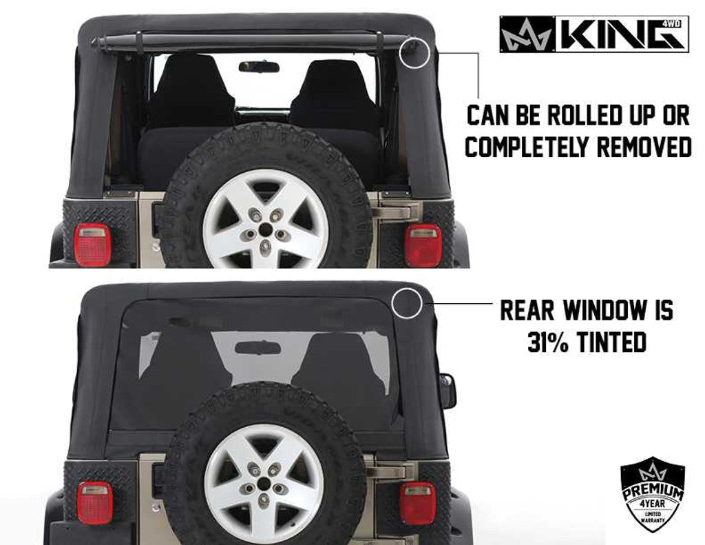 KING 4WD | Jeep Wrangler TJ 1997-2006 Premium Replacement Soft Top Without Upper Doors, Black Diamond With Tinted Windows (14010235)