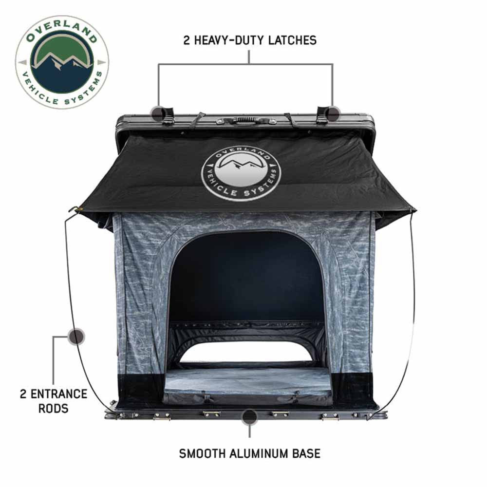OVERLAND VEHICLE SYSTEMS | XD Lhotse 2 Person Clam Shell Aluminum Hard Shell Roof Top Tent - Blue Body & Black Rainfly (18589902)