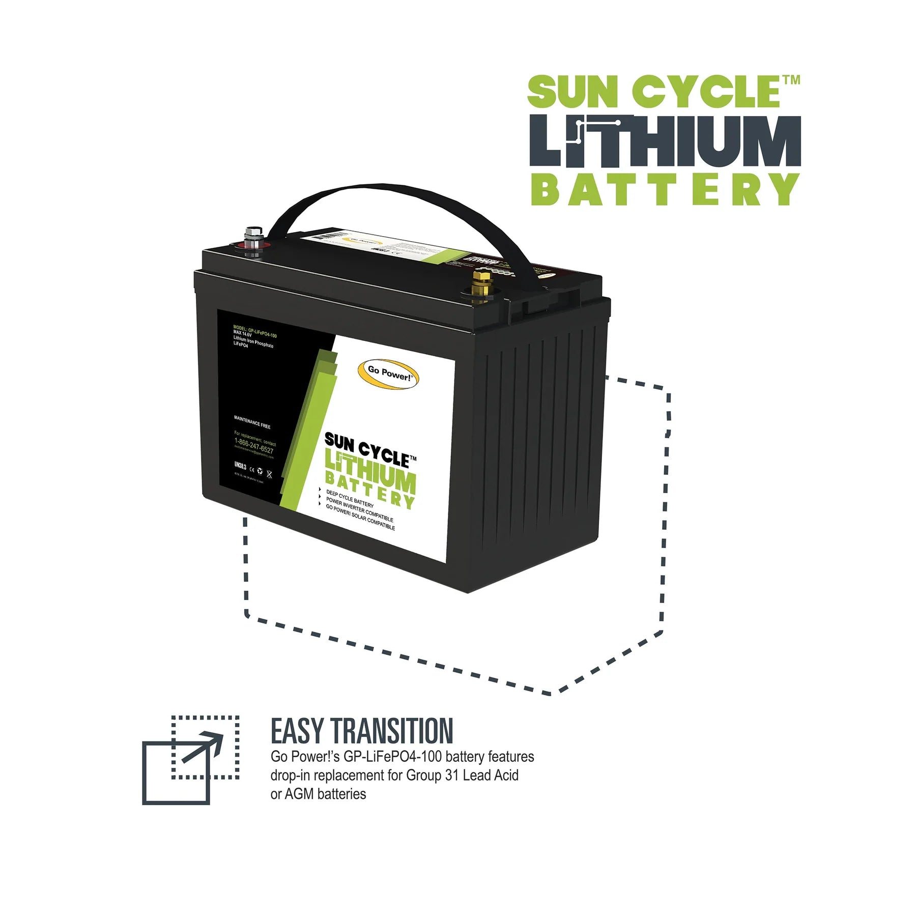 ZAMP SOLAR | Go Power 100Ah Lithium Iron Phosphate Solar Battery (UN38.3)