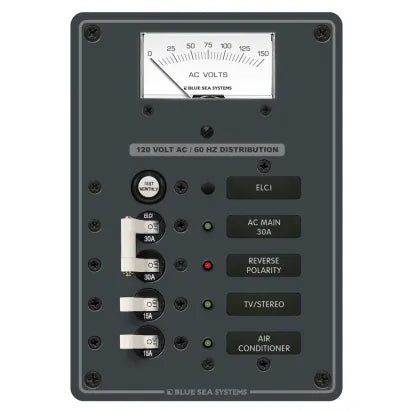 BLUE SEA SYSTEMS | Circuit Breaker Panel 120V DC 2 Breaker Positions With Voltmeter ELCI Main 30A Double Pole (374424)