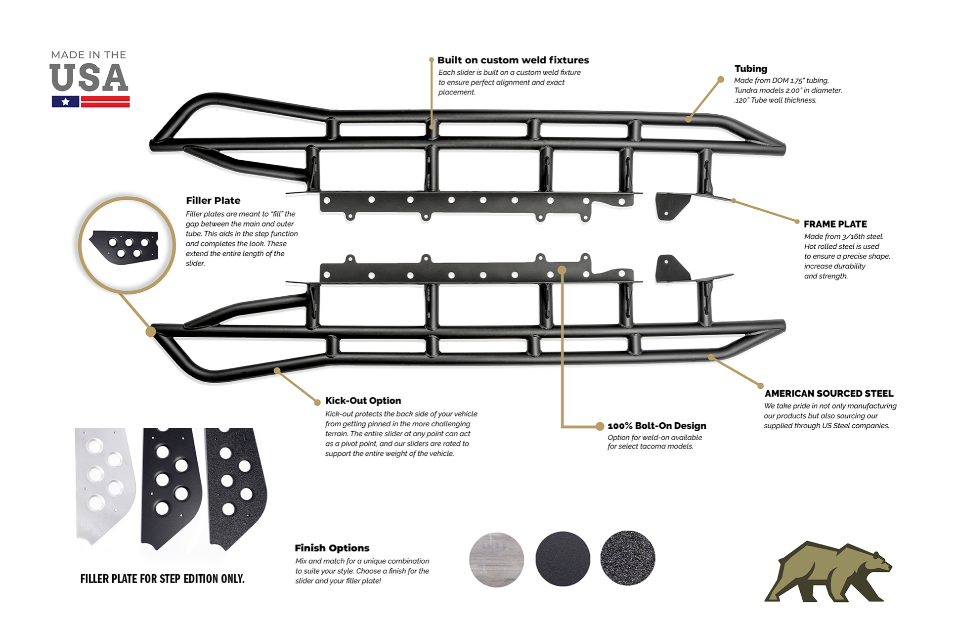 CALI RAISED | 4Runner 4th Gen 2003-2009 Bolt On Rock Sliders Step Edition